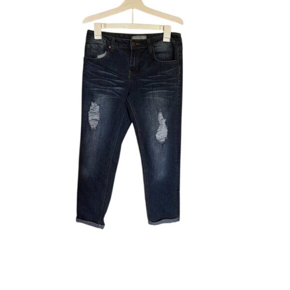 Magic Code Womens Dark Wash Distressed Boyfriend Jeans Ripped Relaxed Denim